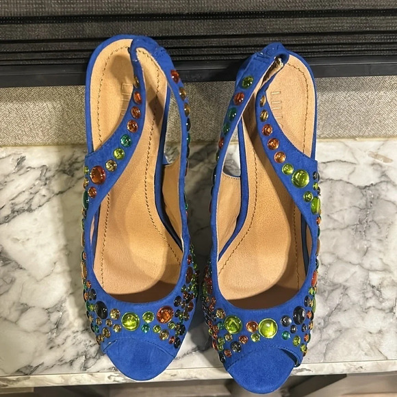 Liliana Women’s Phoebe 2 Heels Rhinestone Peep Toe Platform Slingback Pumps NIB - Picture 8 of 10